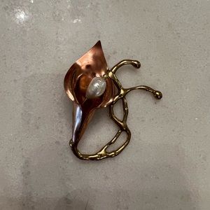 Vintage handmade mixed metal copper and brass pin or pendant with natural pearl